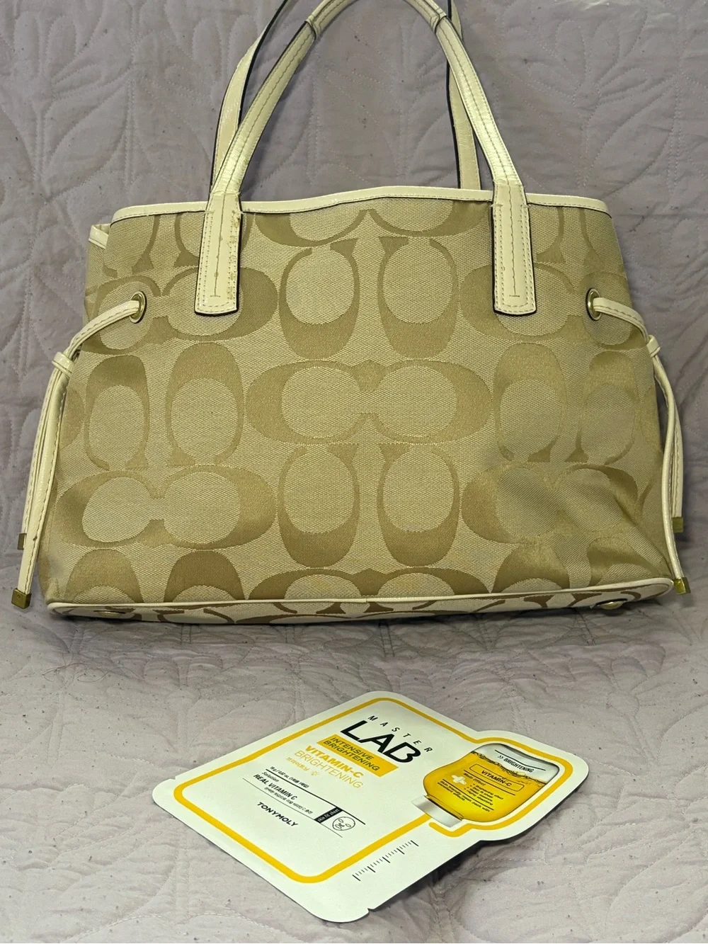 Coach Beige Signature Canvas Tote with Cream Trim